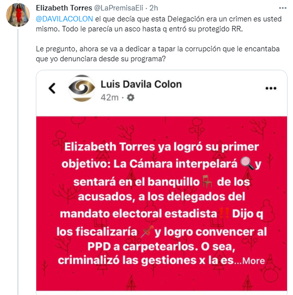 Elizabeth Torres critica a Luis Davila Colon